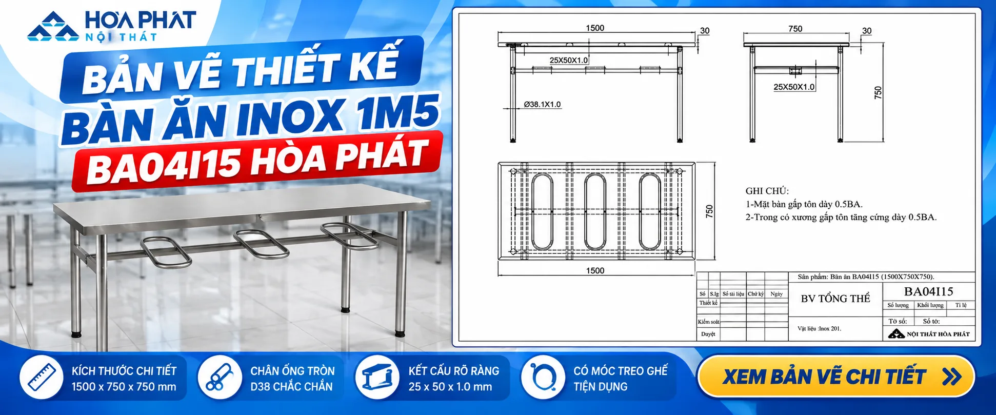 Bản Vẽ Thiết Kế Bàn Ăn Inox 1m5 BA04I15 Hòa Phát
