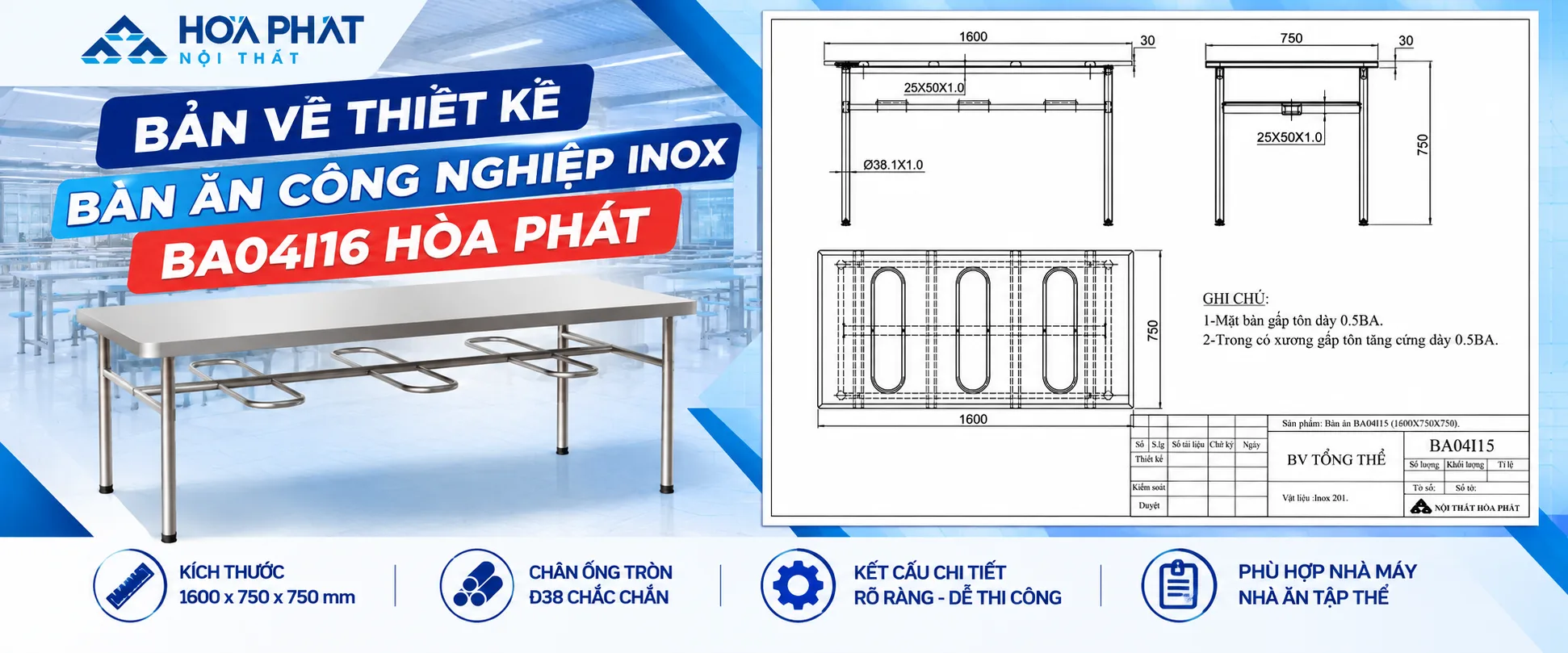 Bản Vẽ Thiết Kế Bàn Ăn Inox BA04I16 Hòa Phát | 1600×750×750