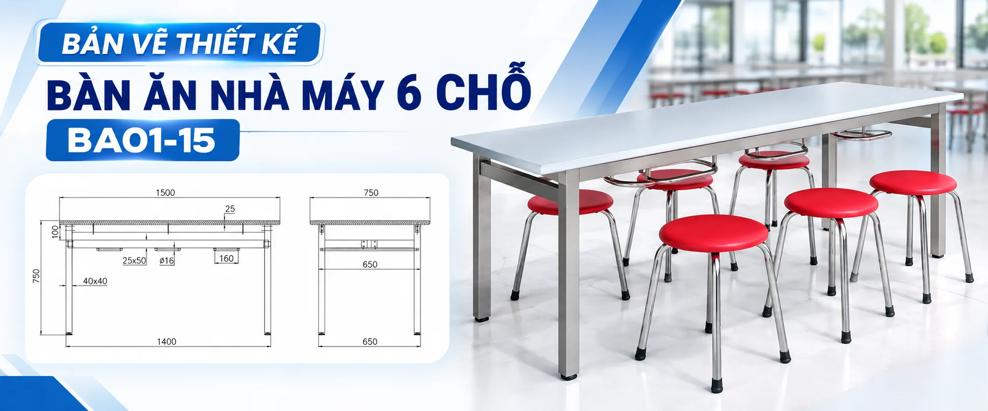 Bản Vẽ Thiết Kế Bàn Ăn Nhà Máy 6 Chỗ BA01-15