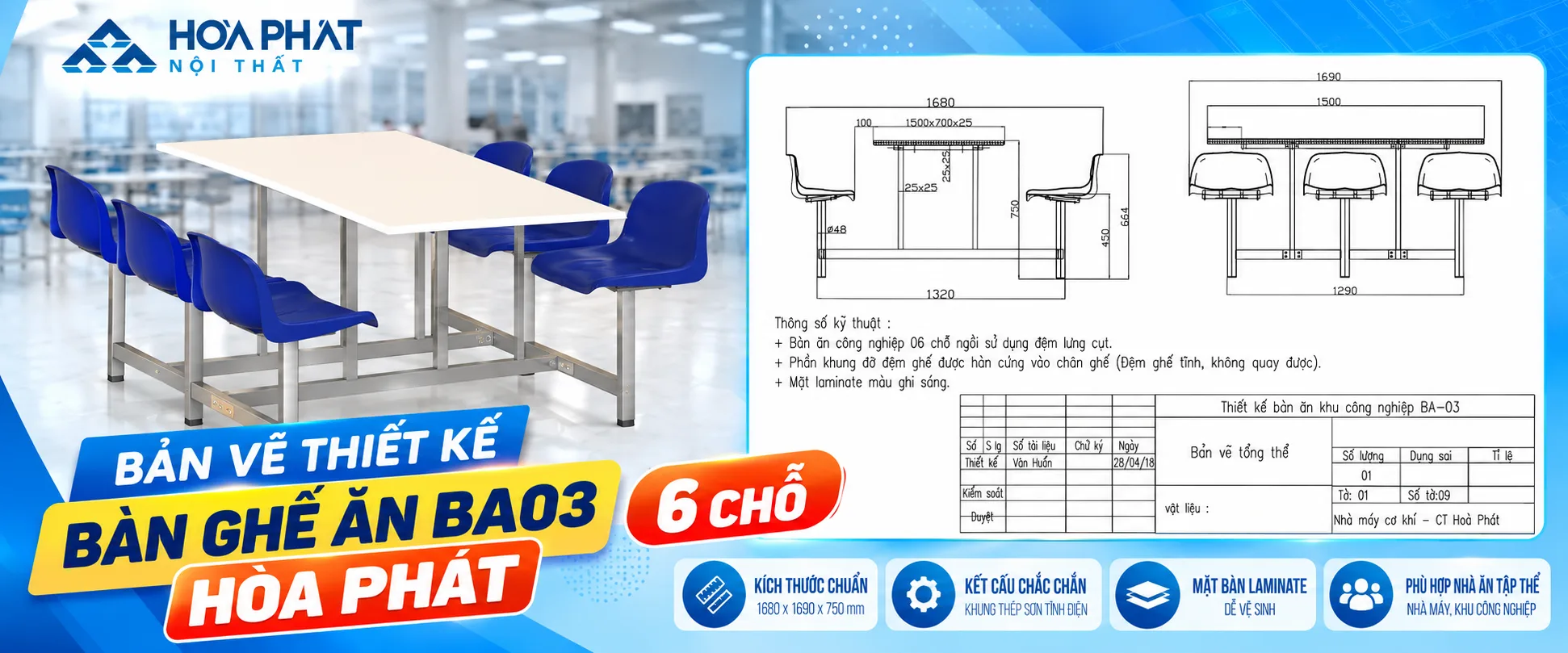 Bản Vẽ Thiết Kế Bàn Ghế Ăn BA03 Hòa Phát 6 Chỗ
