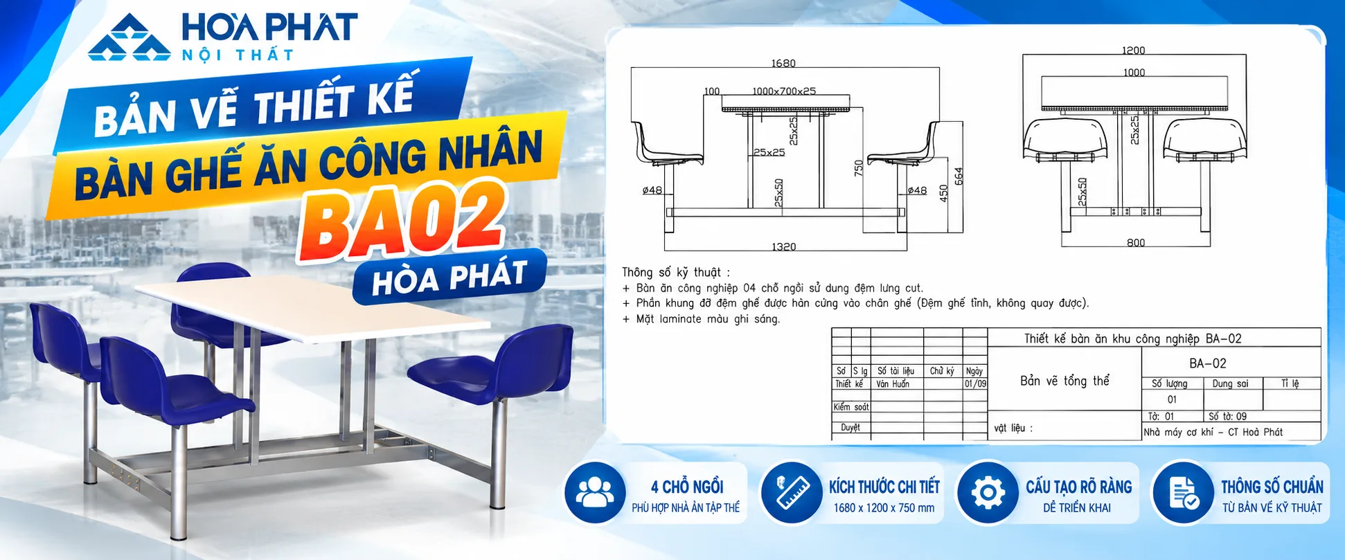 Bản Vẽ Thiết Kế Bàn Ghế Ăn Công Nhân BA02 Hòa Phát