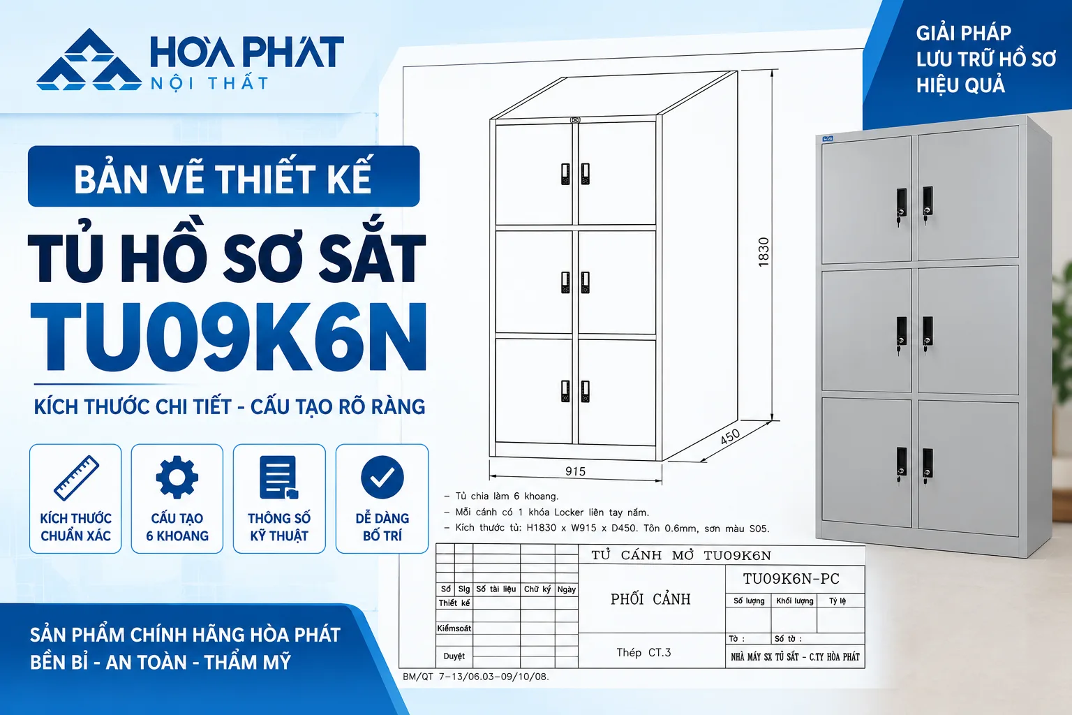 Bản Vẽ Thiết Kế Tủ Hồ Sơ Sắt TU09K6N | Hòa Phát