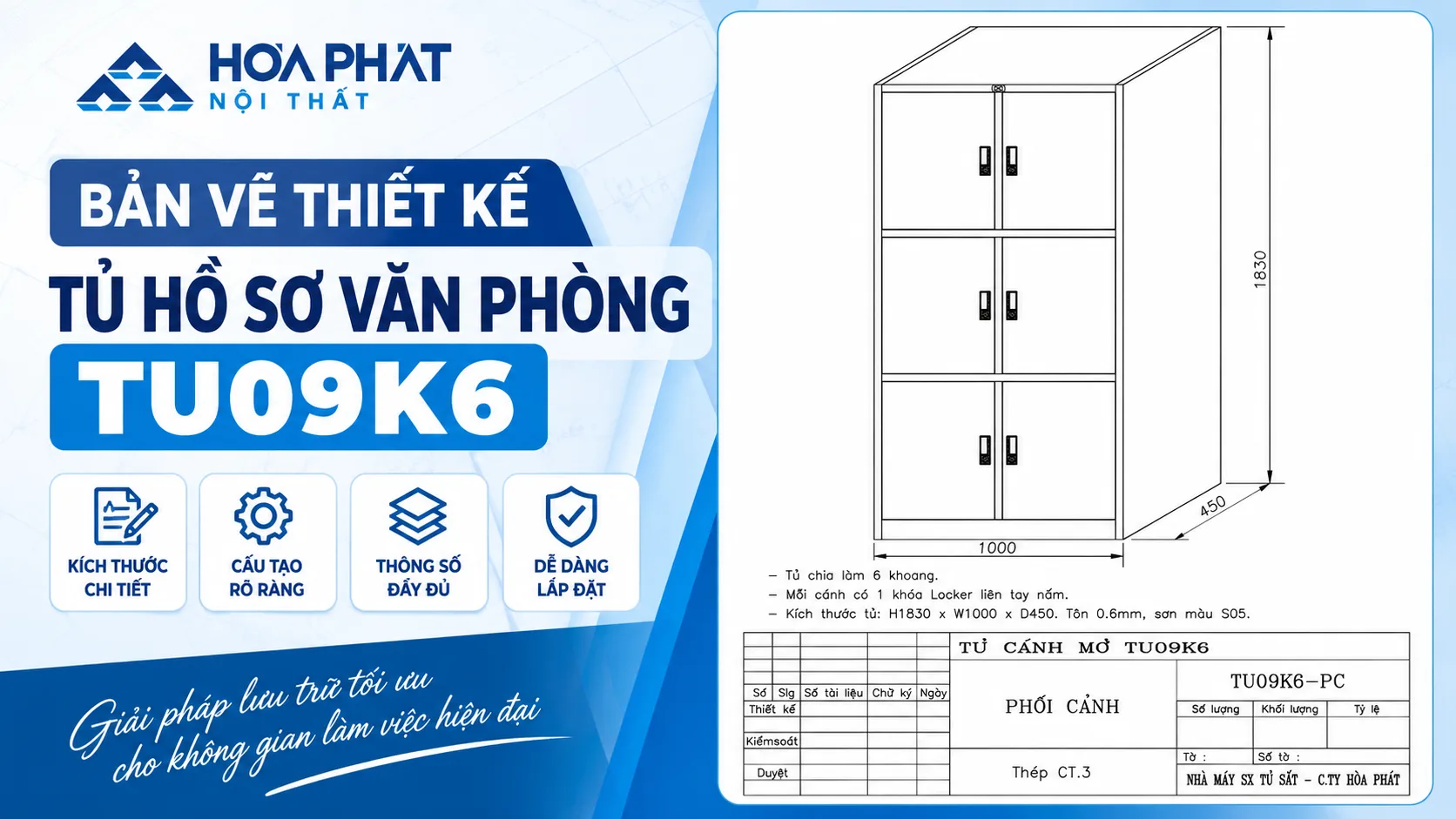 Bản Vẽ Thiết Kế Tủ Hồ Sơ Văn Phòng TU09K6 | Hòa Phát