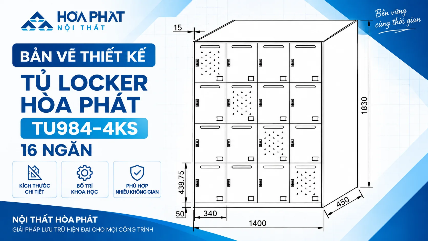 Bản Vẽ Thiết Kế Tủ Locker Hòa Phát TU984-4KS 16 Ngăn