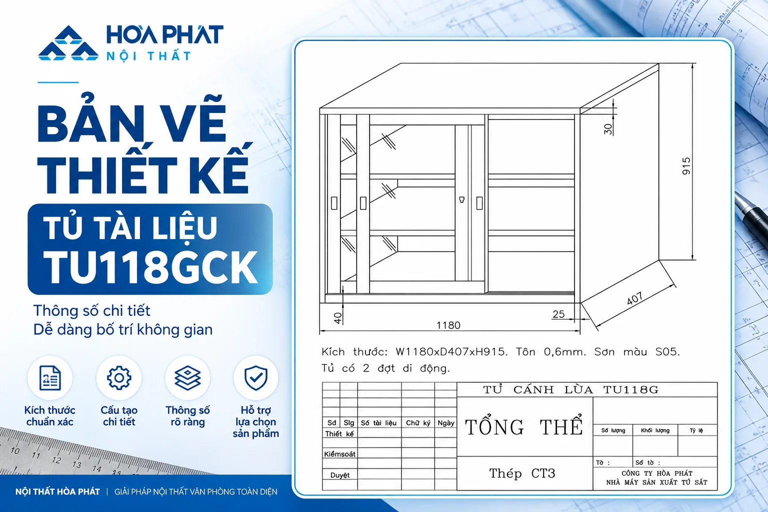 Bản Vẽ Thiết Kế Tủ Tài Liệu TU118GCK Hòa Phát