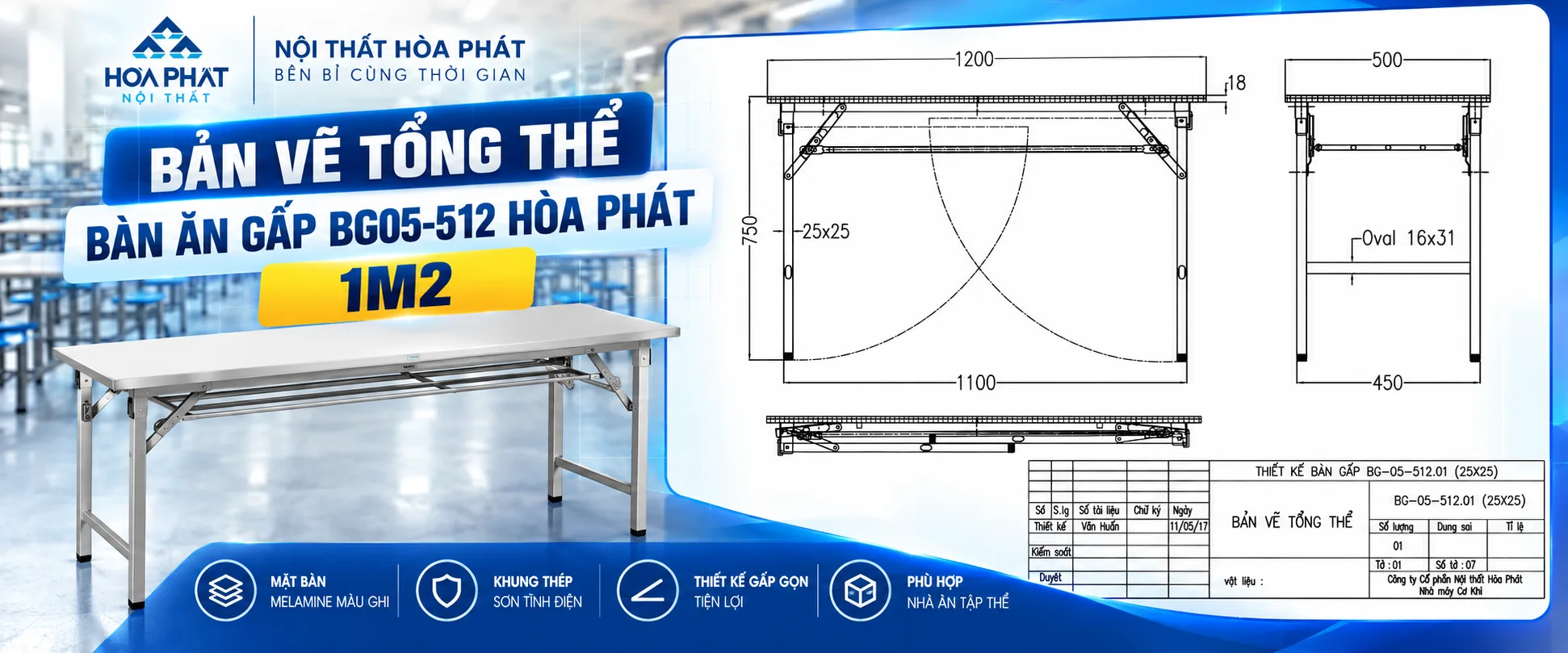 Bản Vẽ Tổng Thể Bàn Ăn Gấp BG05-512 Hòa Phát 1m2