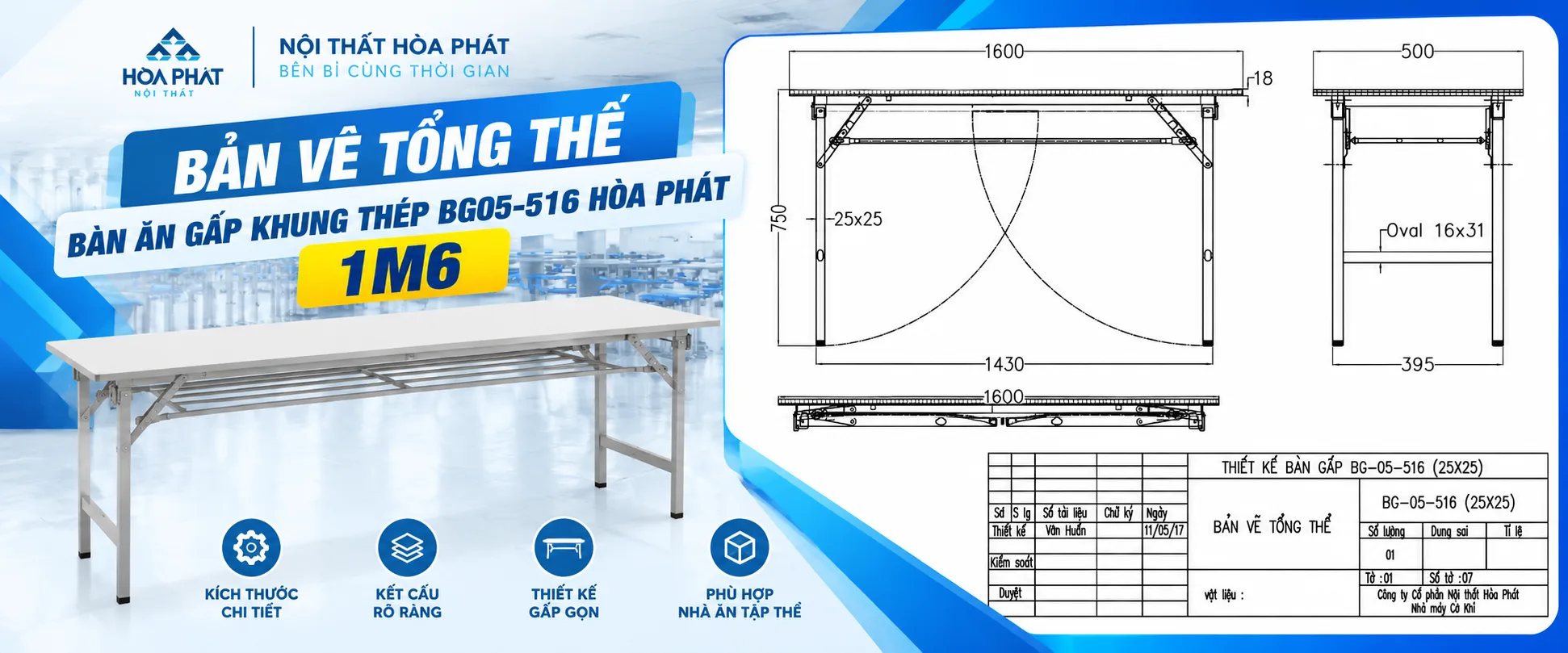 Bản Vẽ Tổng Thể Bàn Ăn Gấp BG05-516 Hòa Phát 1m6