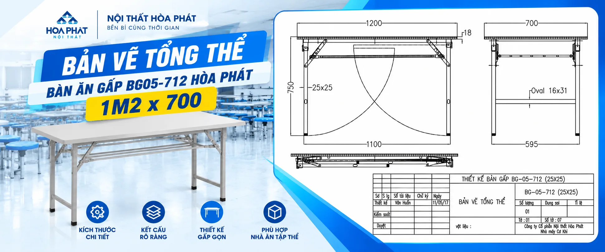 Bản Vẽ Tổng Thể Bàn Ăn Gấp BG05-712 Hòa Phát 1m2