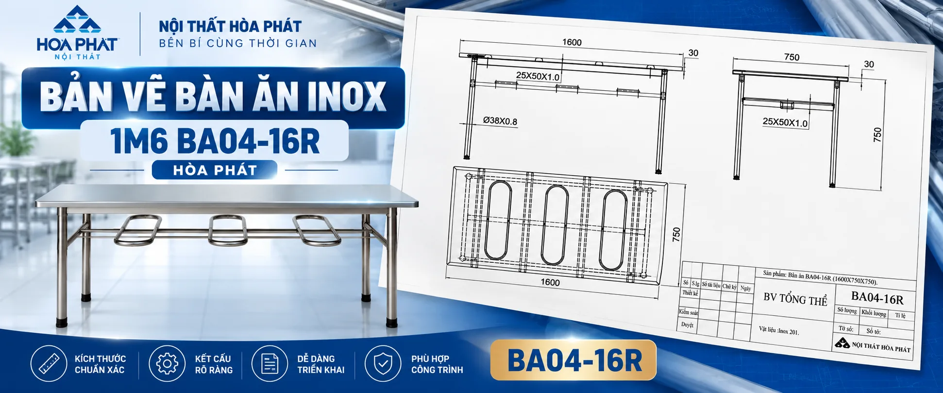 Bản Vẽ Bàn Ăn Inox 1m6 BA04-16R Hòa Phát | Kích Thước 1600x750x750
