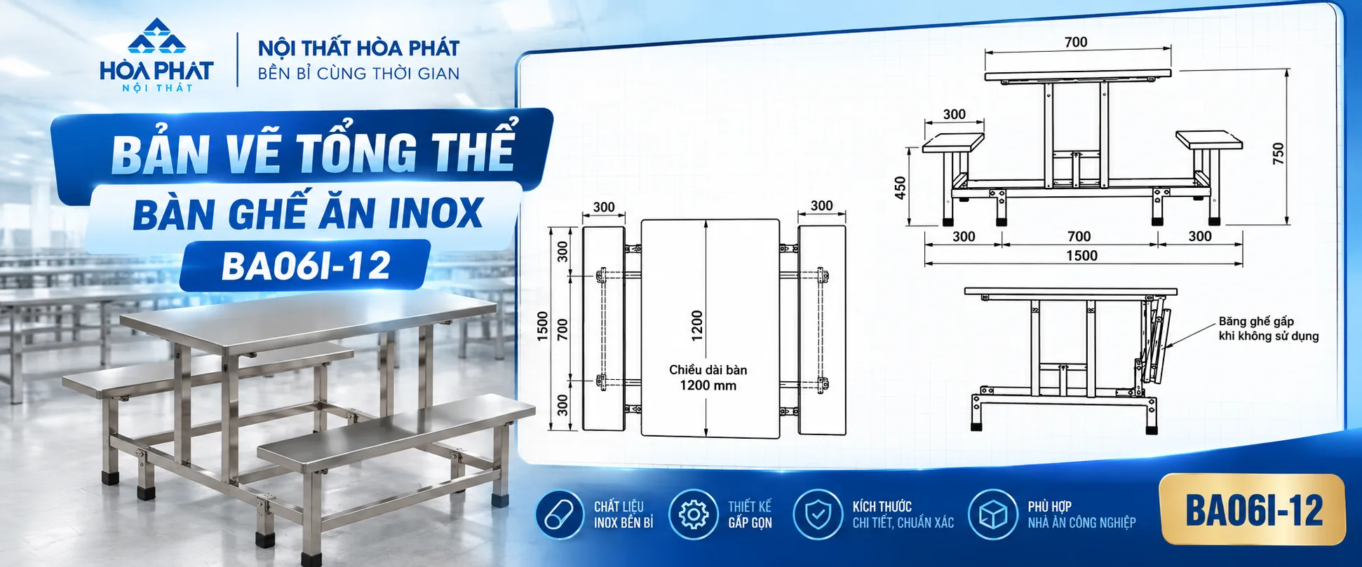 Bản Vẽ Tổng Thể Bàn Ghế Ăn Inox BA06I-12 Hòa Phát