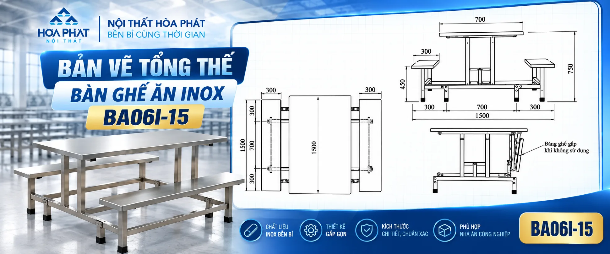 Bản Vẽ Tổng Thể Bàn Ghế Ăn Inox BA06I-15 Hòa Phát