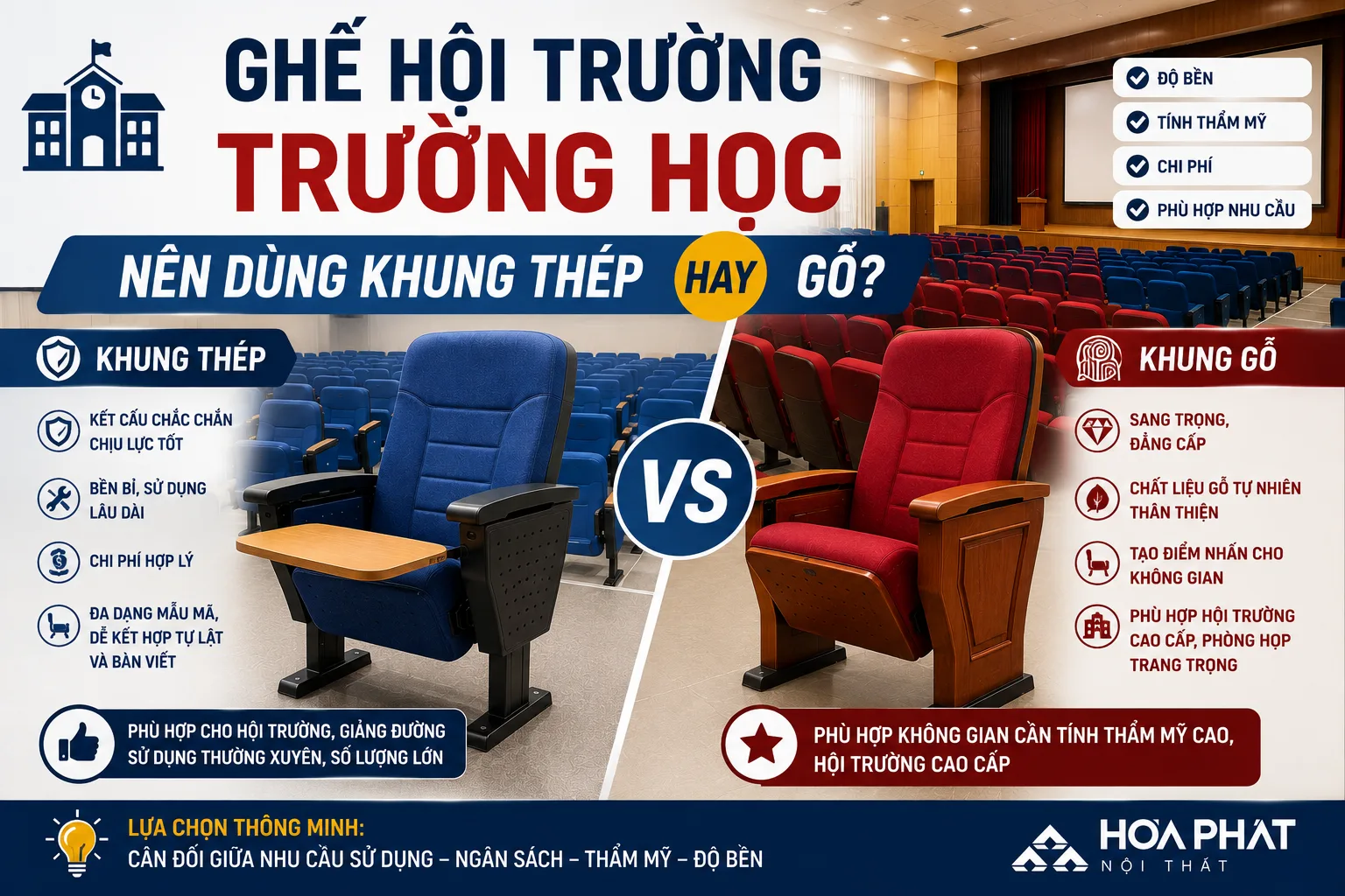 Ghế Hội Trường Trường Học Nên Dùng Khung Thép Hay Gỗ?