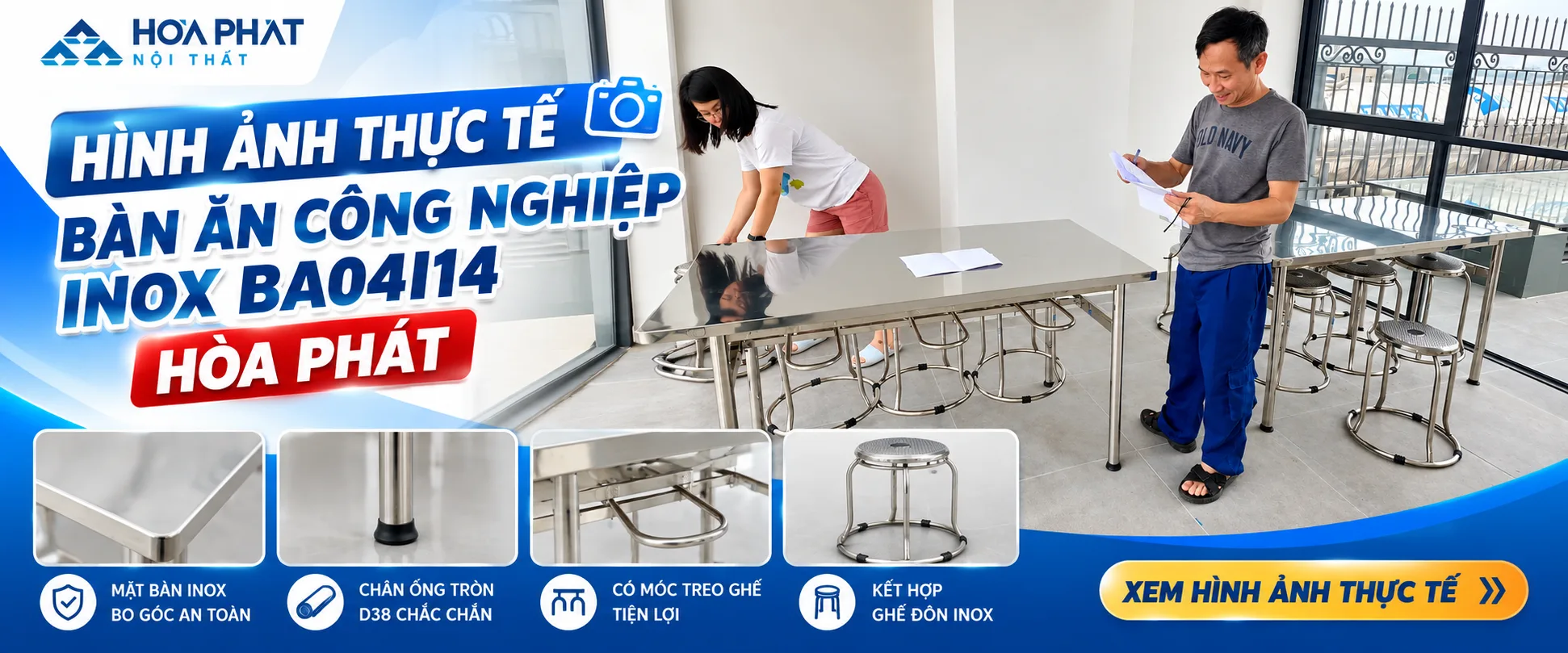 Hình Ảnh Thực Tế Bàn Ăn Công Nghiệp Inox BA04I14