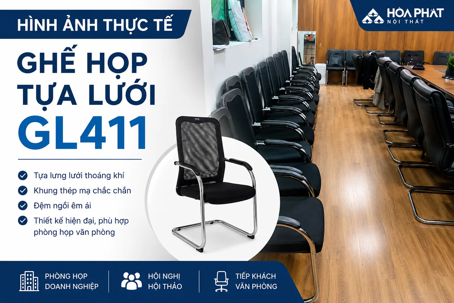 Hình ảnh thực tế Ghế họp tựa lưới GL411 | Nội Thất Hòa Phát