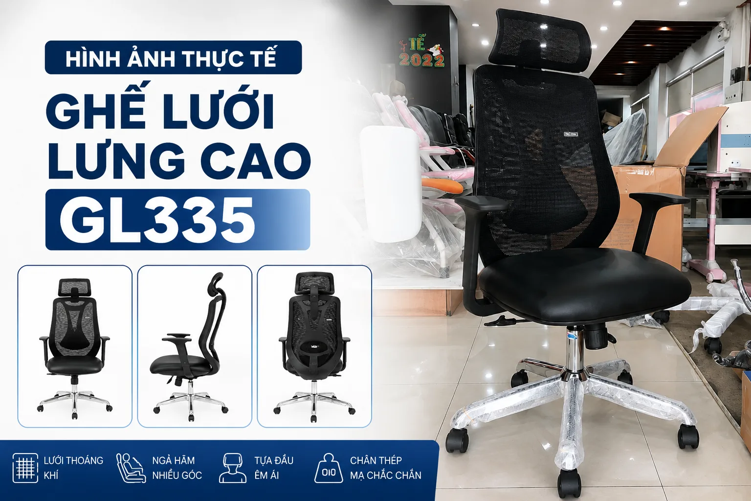 Hình ảnh thực tế Ghế lưới lưng cao GL335 | Nội Thất Hòa Phát