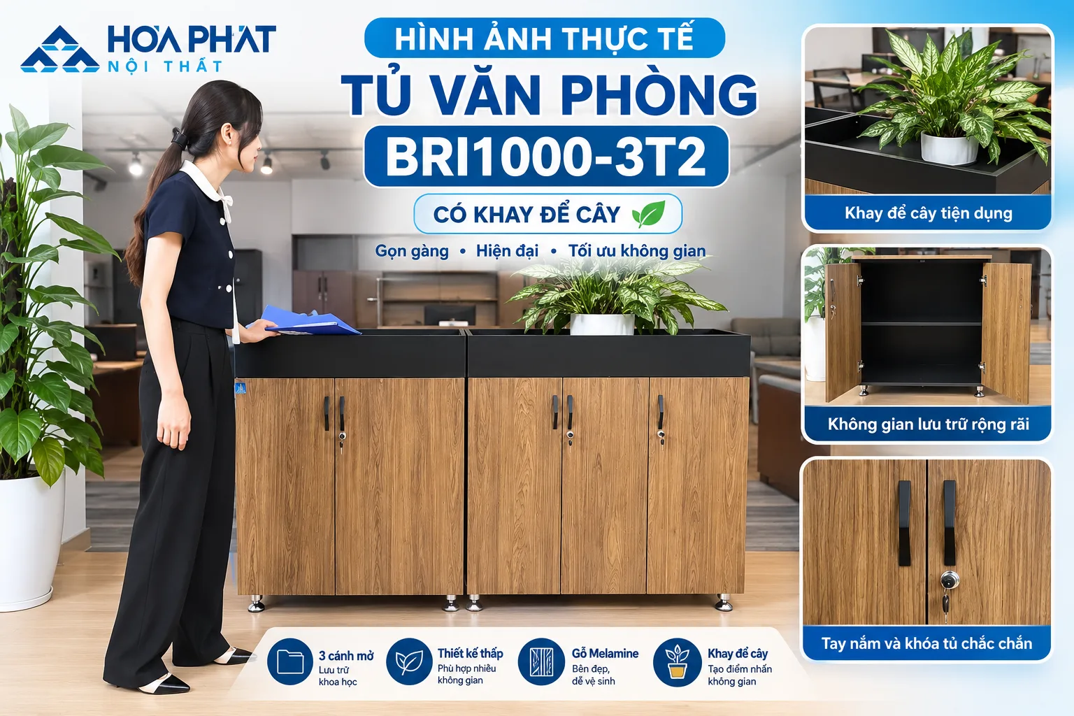 Hình ảnh thực tế Tủ văn phòng BRI1000-3T2 có khay để cây