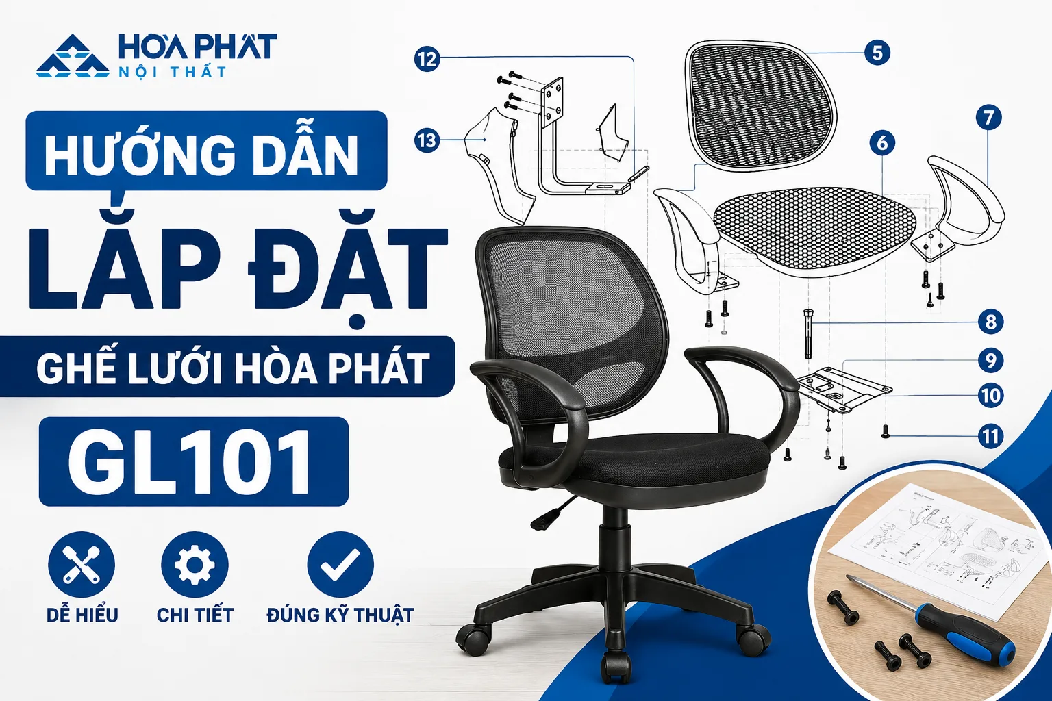 Hướng dẫn lắp đặt ghế lưới Hòa Phát GL101