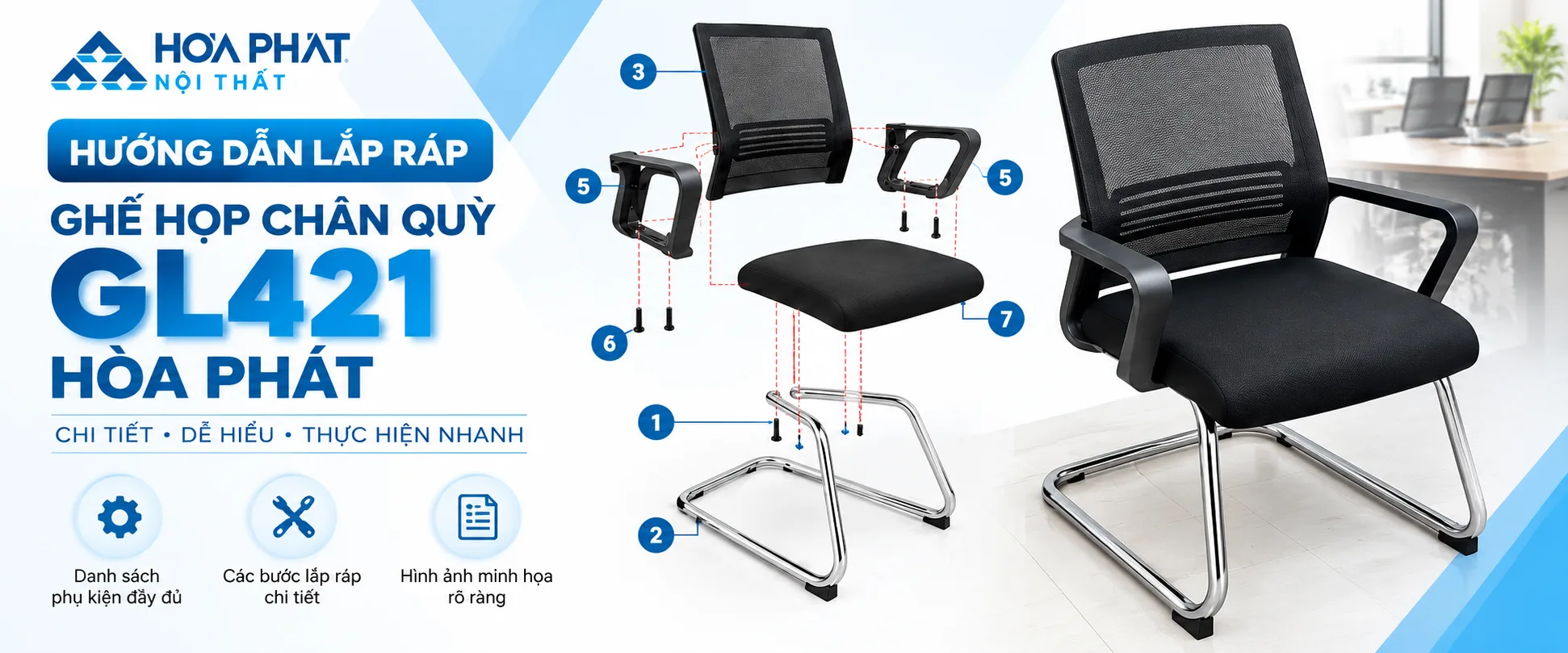Hướng Dẫn Lắp Ráp Ghế Họp Chân Quỳ GL421 Hòa Phát
