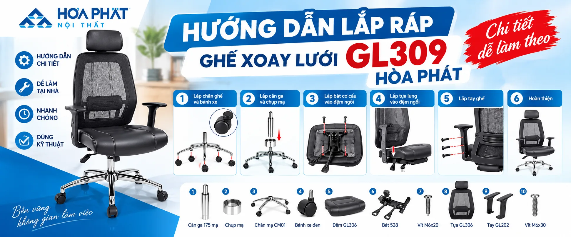 Hướng Dẫn Lắp Ráp Ghế Xoay Lưới GL309 Hòa Phát Chi Tiết