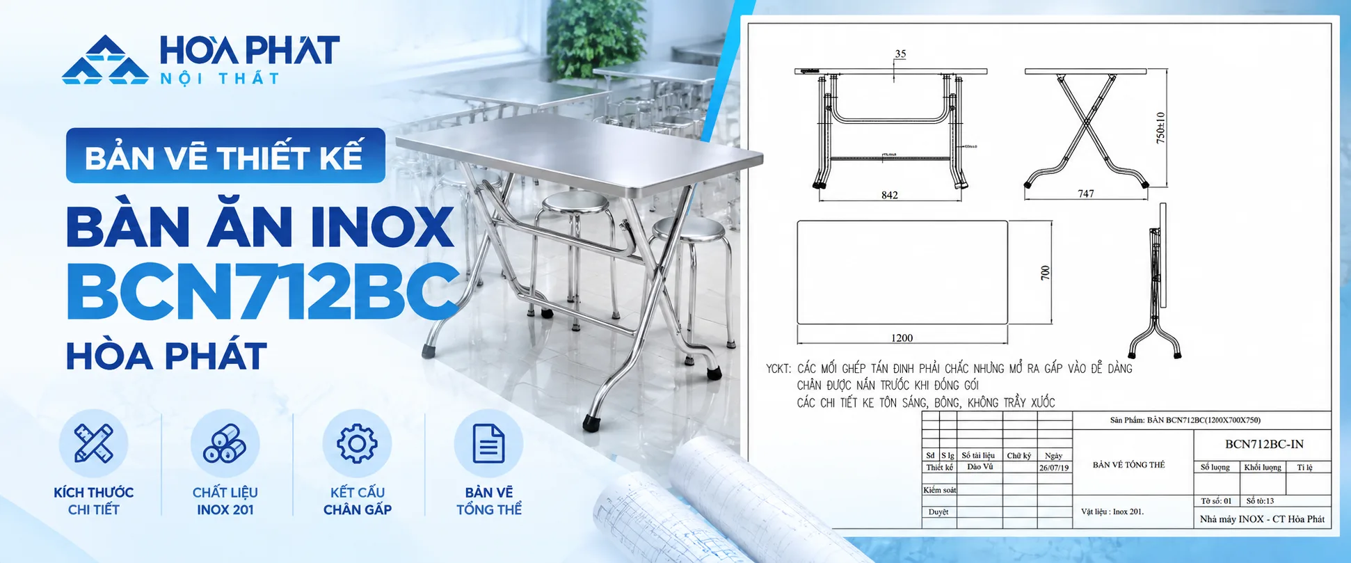 Bản Vẽ Bàn Ăn Inox BCN712BC Hòa Phát | Kích Thước & Kết Cấu