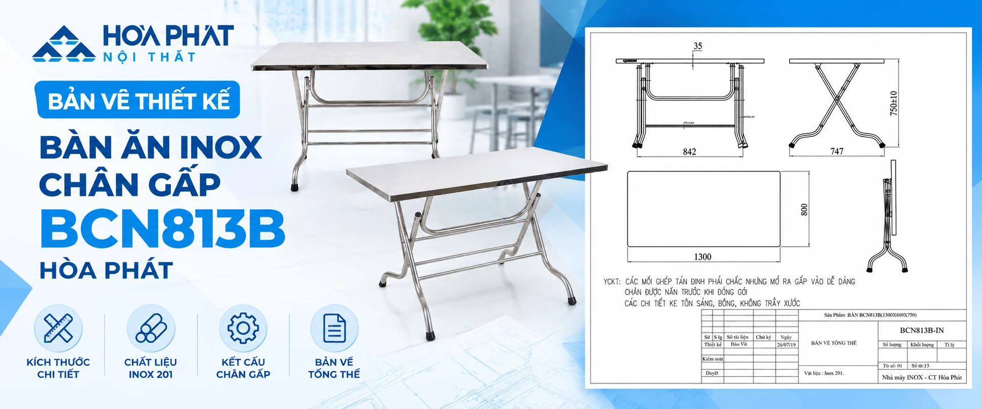 Bản Vẽ Bàn Ăn Inox Chân Gấp BCN813B Hòa Phát | 1300×800×750mm