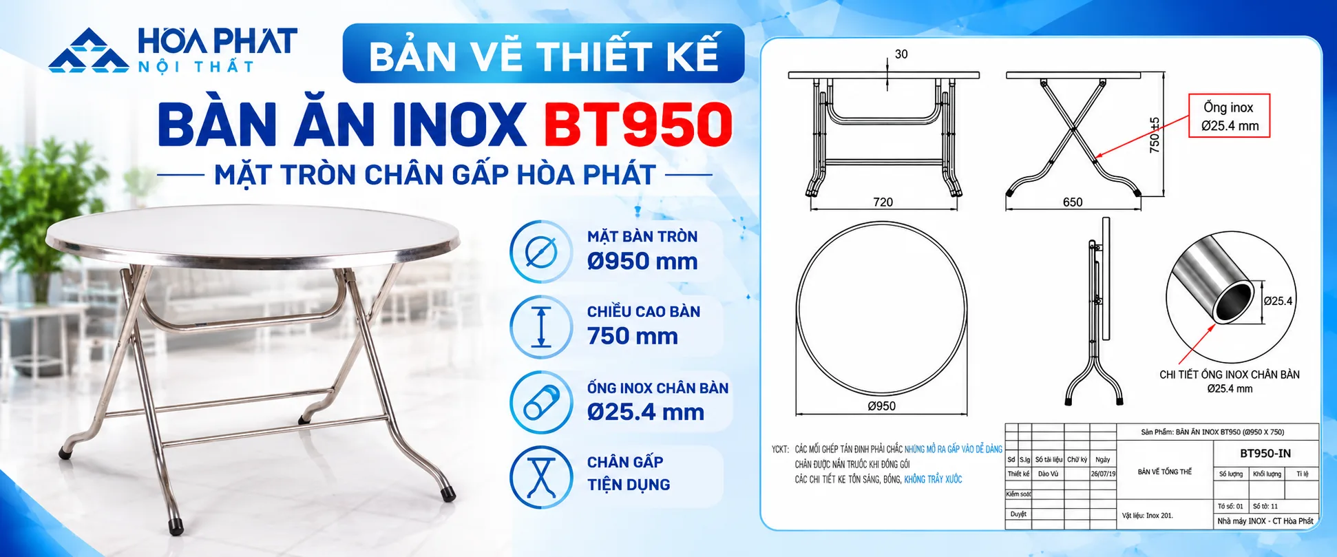 Bản Vẽ Bàn Ăn Inox Mặt Tròn BT950 Hòa Phát | Ø950×750