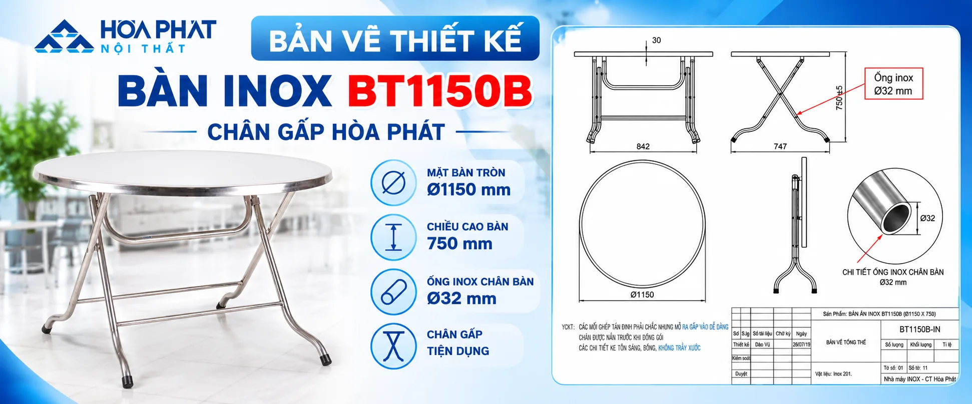 Bản Vẽ Bàn Inox BT1150B Chân Gấp Hòa Phát | Ø1150×750