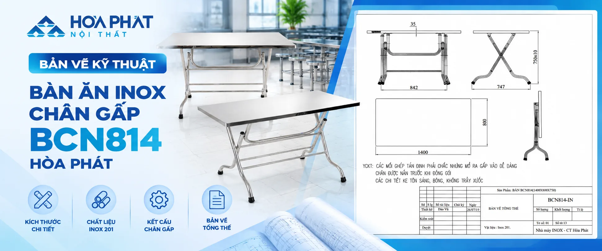 Bản Vẽ Kỹ Thuật Bàn Ăn Inox Chân Gấp BCN814 Hòa Phát