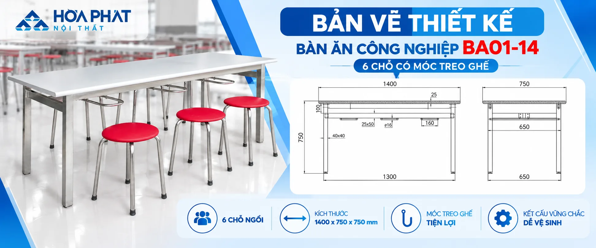 Bản Vẽ Thiết Kế Bàn Ăn Công Nghiệp BA01-14 6 Chỗ Có Móc Treo Ghế