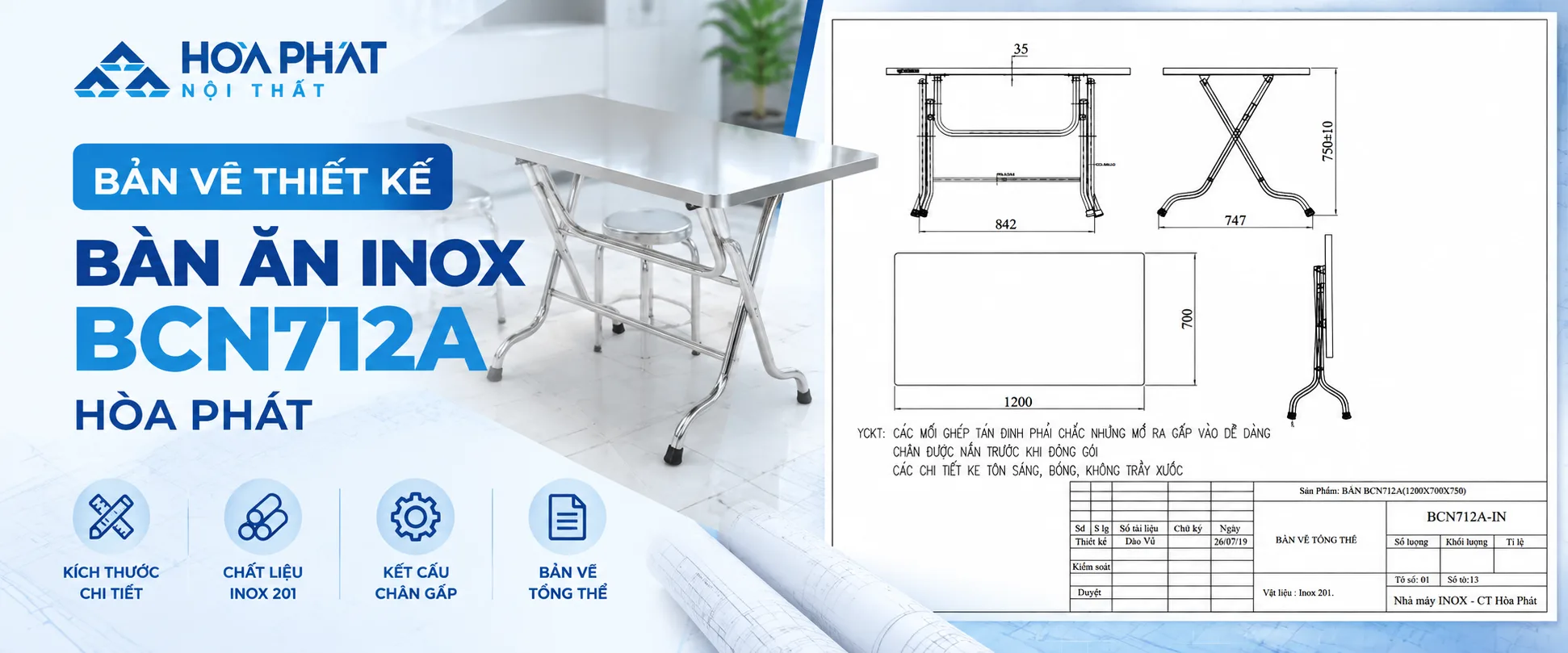 Bản Vẽ Thiết Kế Bàn Ăn Inox BCN712A Hòa Phát | W1200 × D700 × H750