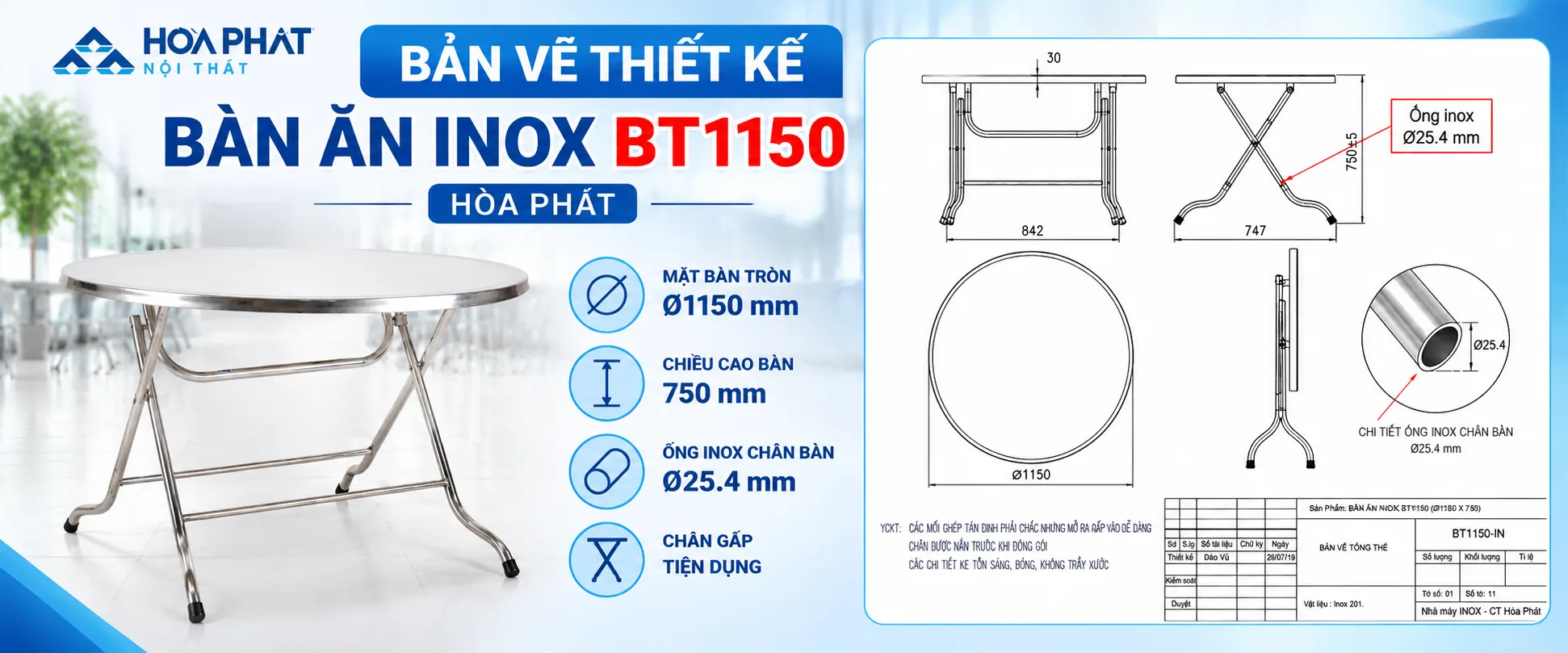 Bản Vẽ Thiết Kế Bàn Ăn Inox BT1150 Hòa Phát | Ø1150×750