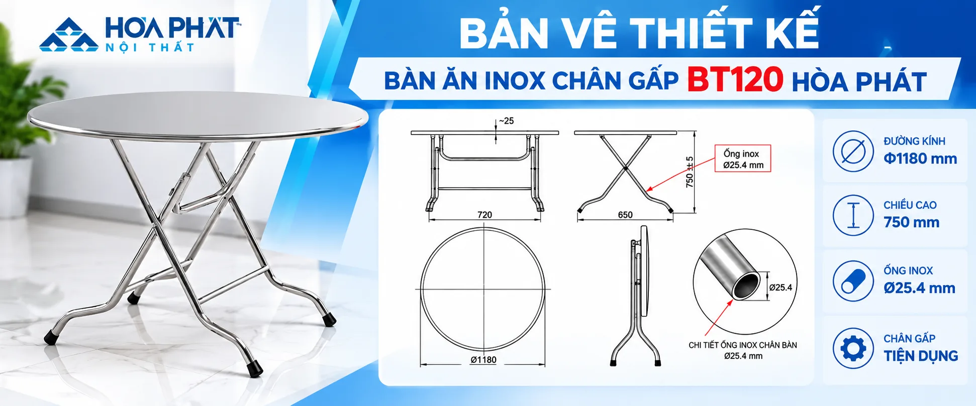 Bản Vẽ Thiết Kế Bàn Ăn Inox Chân Gấp BT120 Hòa Phát | Φ1180×750