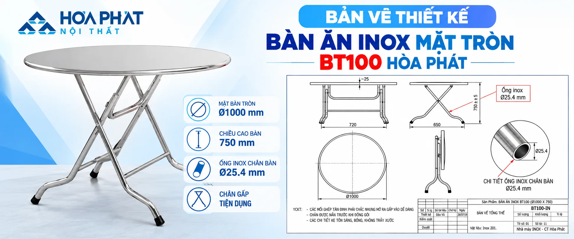 Bản Vẽ Thiết Kế Bàn Ăn Inox Mặt Tròn BT100 Hòa Phát
