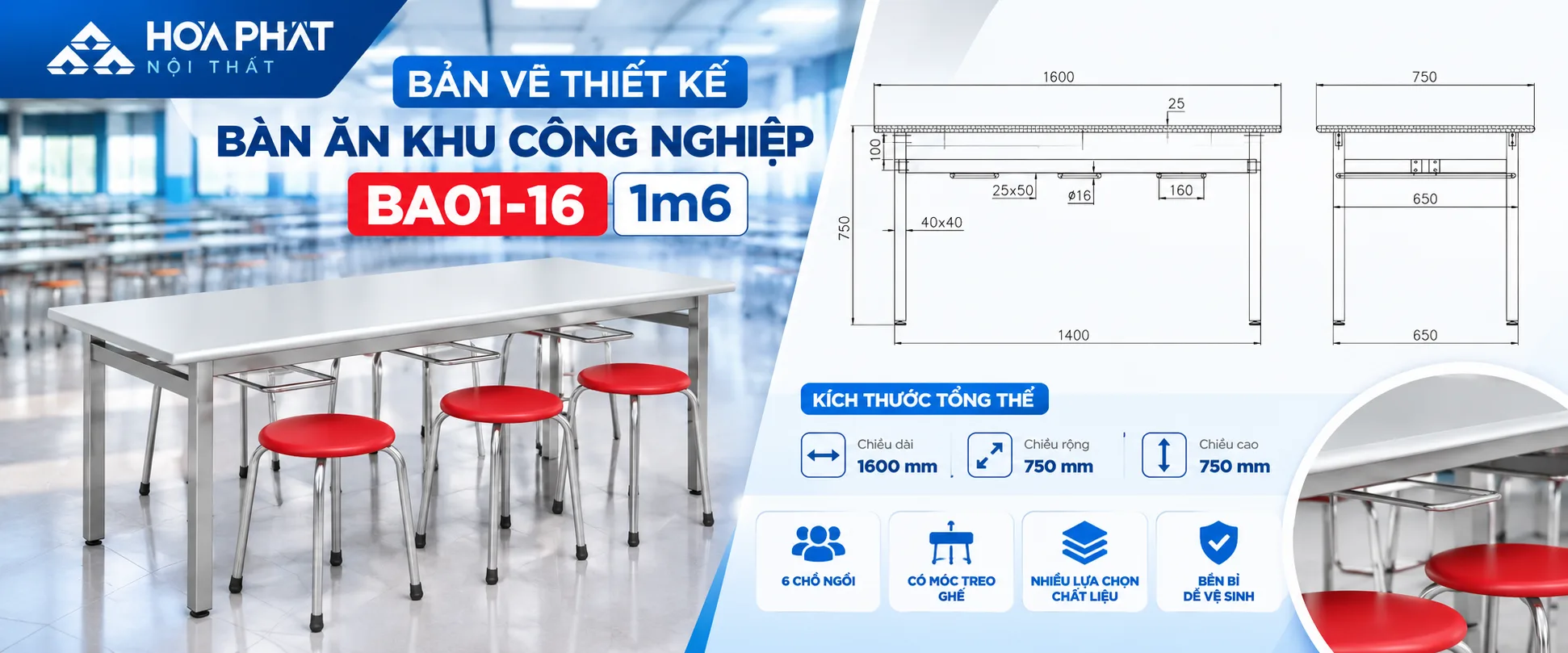 Bản Vẽ Thiết Kế Bàn Ăn Khu Công Nghiệp BA01-16 Hòa Phát 1m6