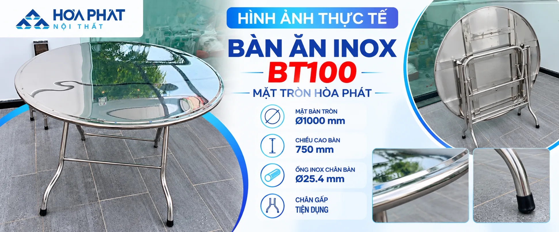 Hình Ảnh Thực Tế Bàn Ăn Inox Mặt Tròn BT100 Hòa Phát