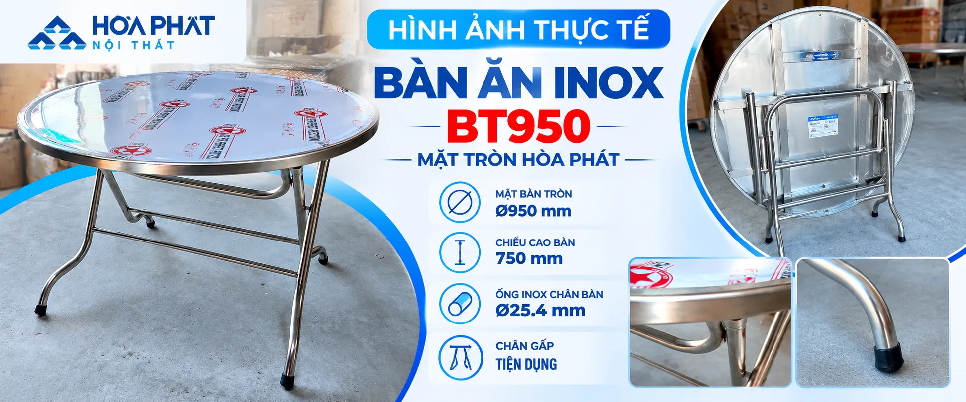 Hình Ảnh Thực Tế Bàn Ăn Inox Mặt Tròn BT950 Hòa Phát