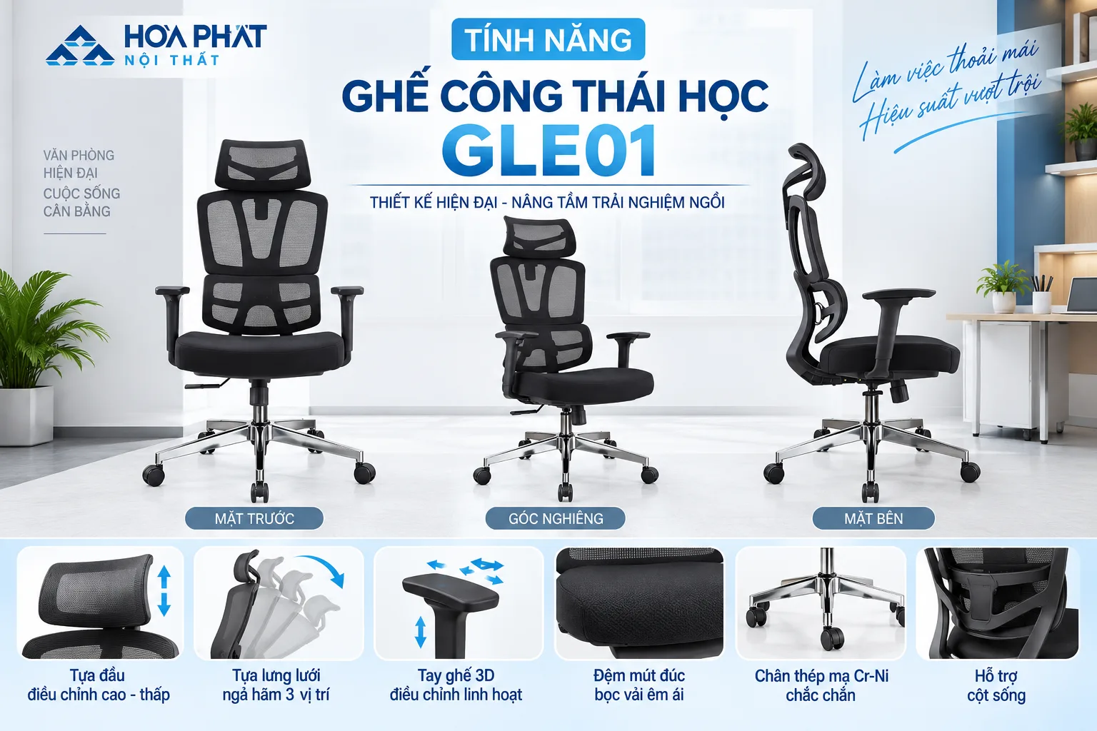 Tính Năng Ghế Công Thái Học GLE01 | Tựa Đầu, Tay 3D, Ngả 3 Vị Trí