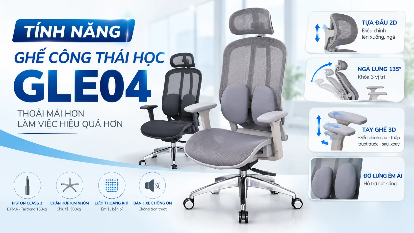 Tính Năng Ghế Công Thái Học GLE04 | Tựa Đầu 2D, Tay 3D