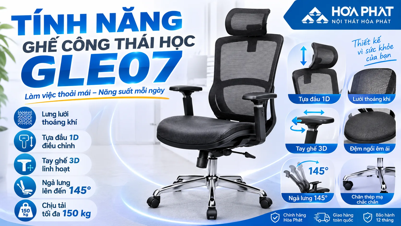Tính Năng Ghế Công Thái Học GLE07 | Tựa Đầu, Tay 3D, Ngả 145°