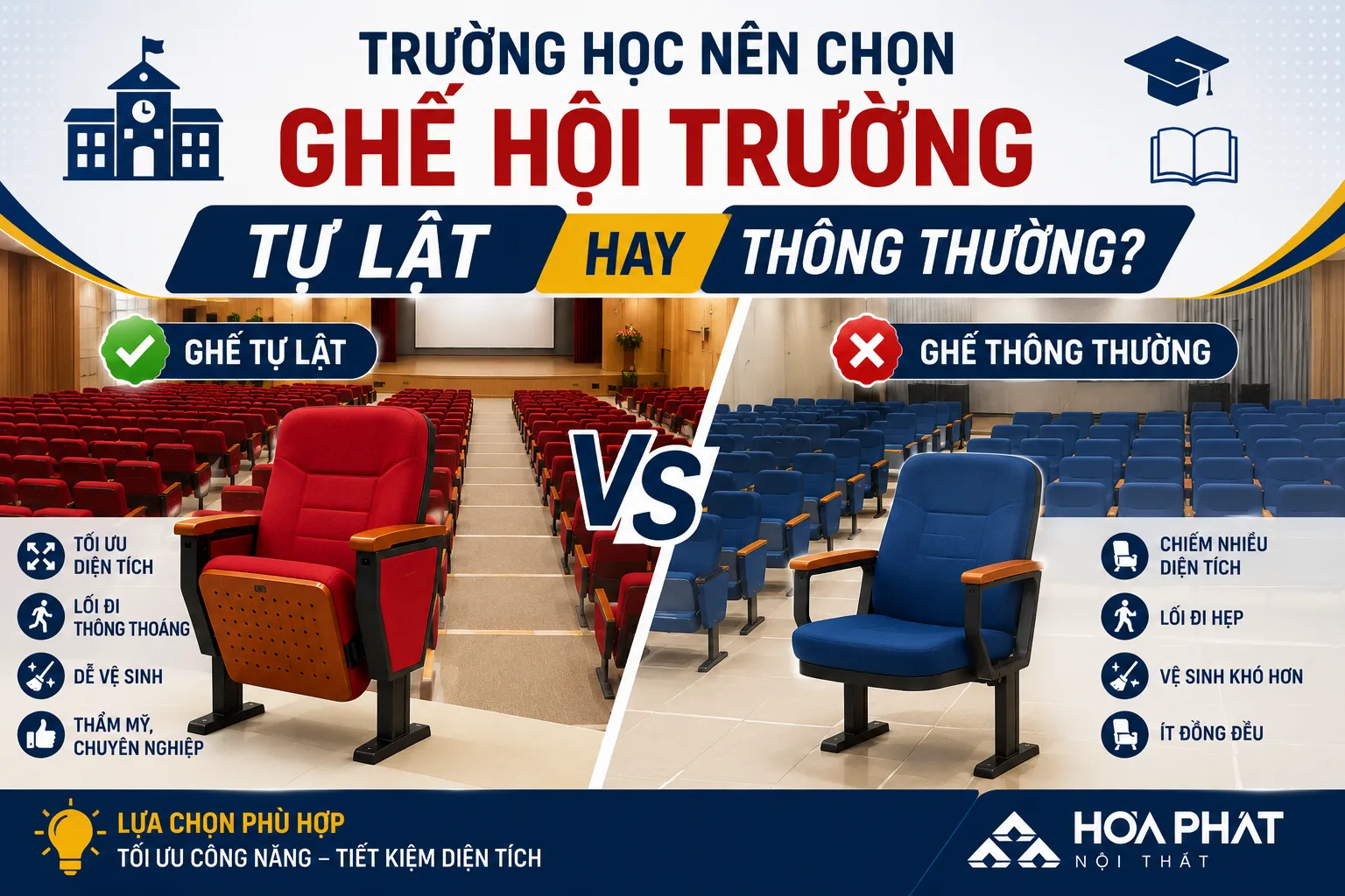 Trường Học Nên Chọn Ghế Hội Trường Tự Lật Hay Ghế Thông Thường?