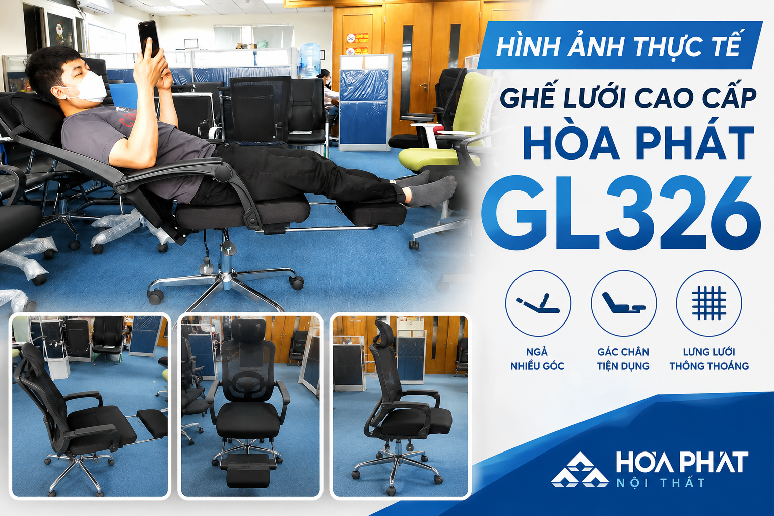 H&igrave;nh ảnh thực tế ghế lưới cao cấp H&ograve;a Ph&aacute;t GL326