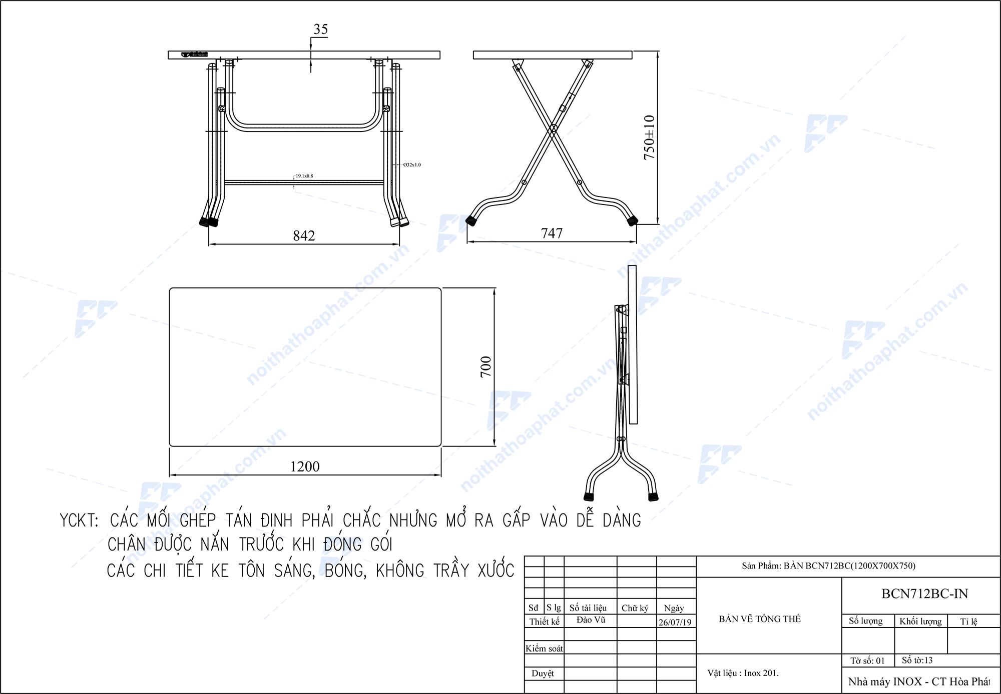 Bản Vẽ B&agrave;n Ăn Inox BCN712BC H&ograve;a Ph&aacute;t