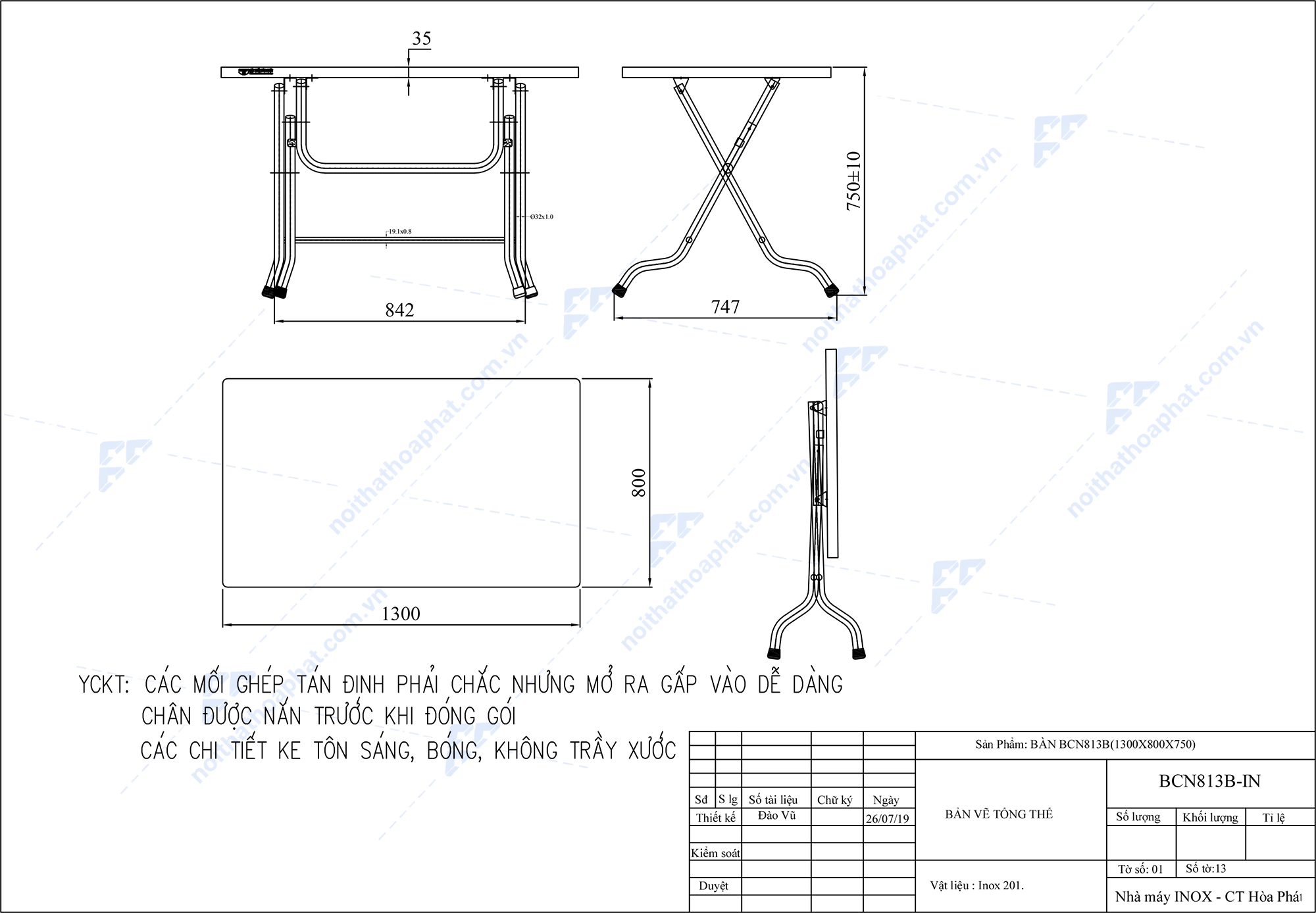Bản Vẽ B&agrave;n Ăn Inox Ch&acirc;n Gấp BCN813B H&ograve;a Ph&aacute;t