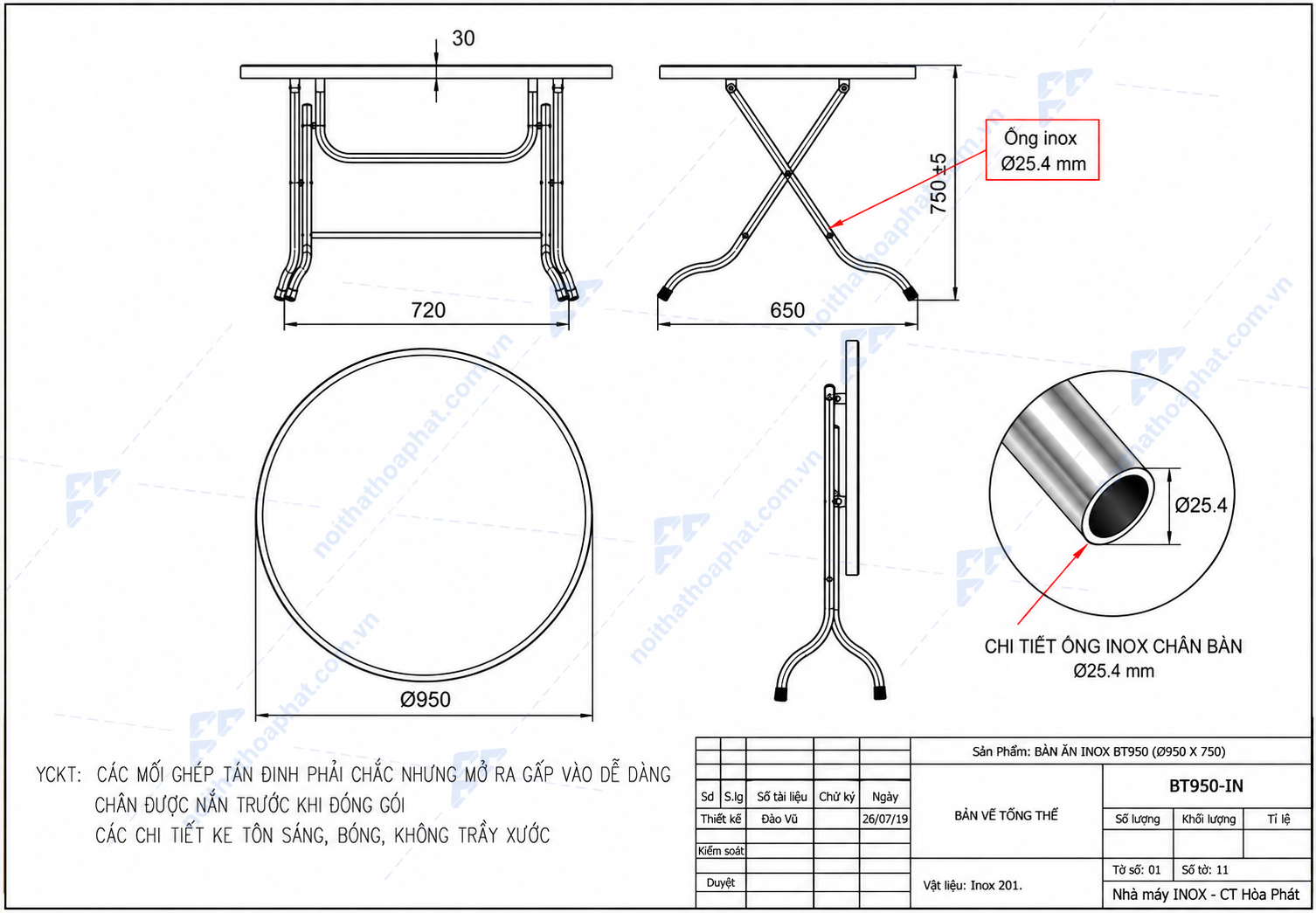 Bản vẽ bàn ăn inox mặt tròn BT950 Hòa Phát