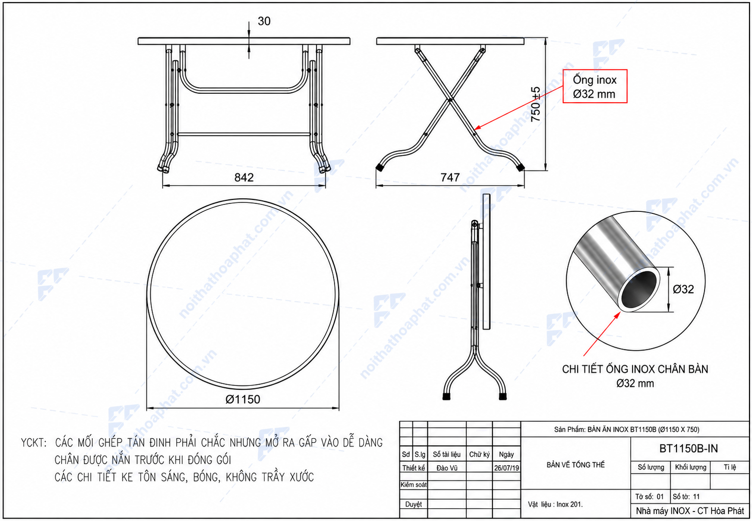 Bản Vẽ B&agrave;n Inox BT1150B Ch&acirc;n Gấp H&ograve;a Ph&aacute;t