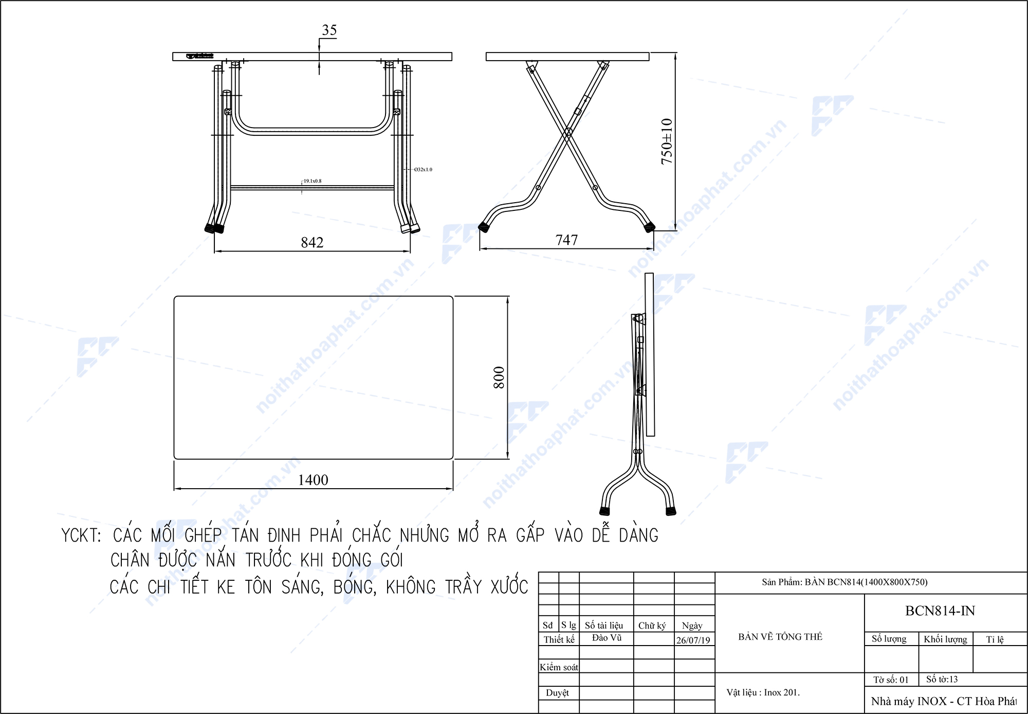 Bản Vẽ Kỹ Thuật B&agrave;n Ăn Inox Ch&acirc;n Gấp BCN814 H&ograve;a Ph&aacute;t
