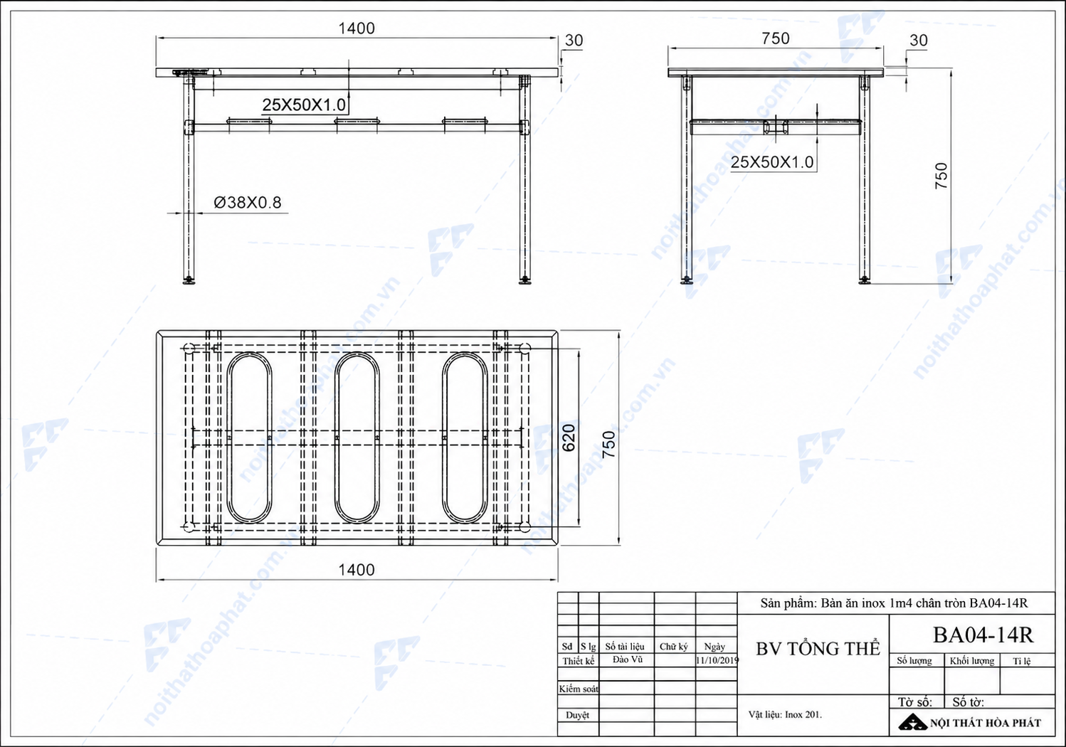 Bản Vẽ Thiết Kế Bàn Ăn Inox 1m4 BA04-14R Hòa Phát