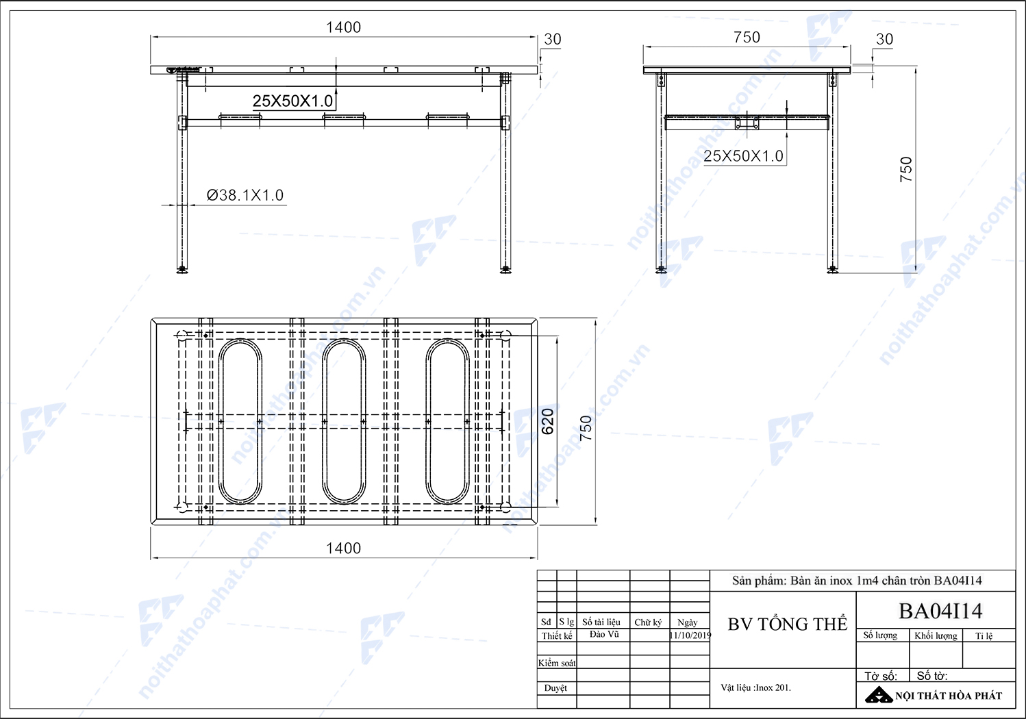 Bản Vẽ Thiết Kế B&agrave;n Ăn Inox 1m4 BA04I14 H&ograve;a Ph&aacute;t