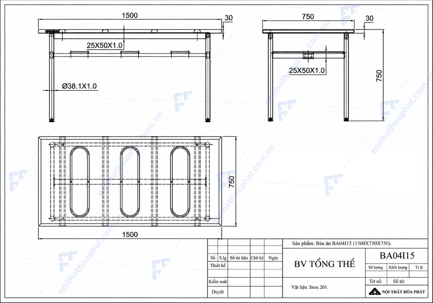 Bản Vẽ Thiết Kế B&agrave;n Ăn Inox 1m5 BA04I15 H&ograve;a Ph&aacute;t