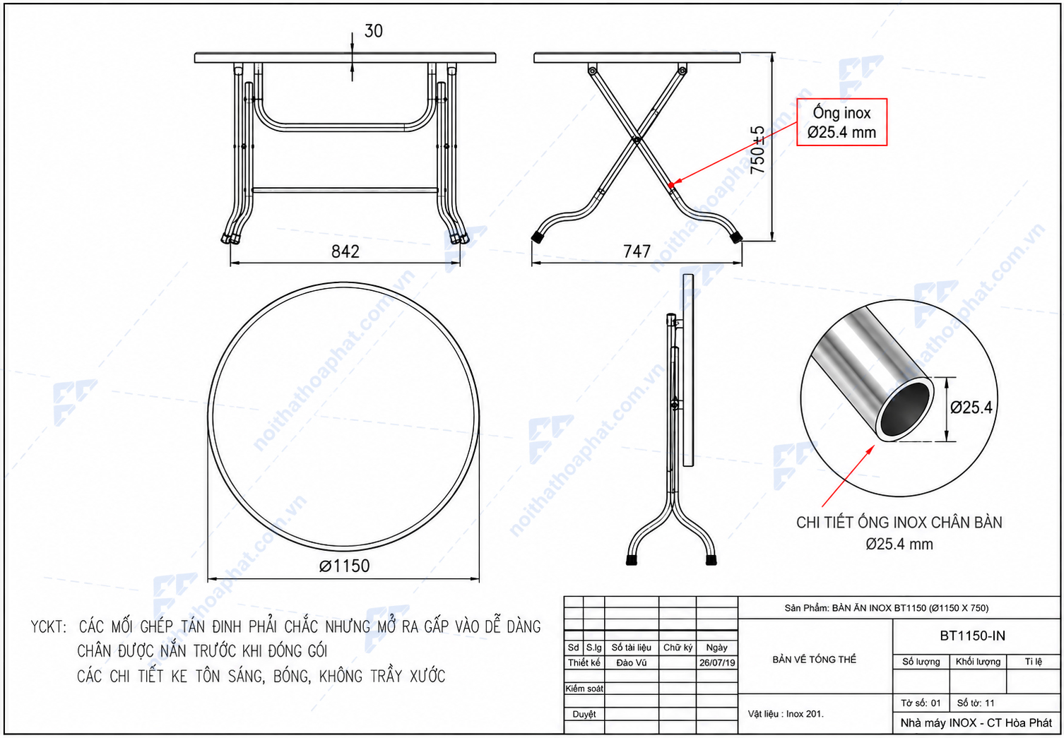 Bản vẽ thiết kế b&agrave;n ăn inox BT1150 H&ograve;a Ph&aacute;t